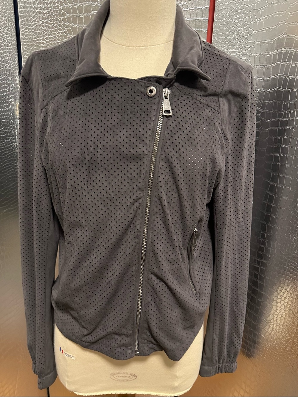 Vigoss Charcoal Gray Perforated Asymmetrical Zip Leather Jacket